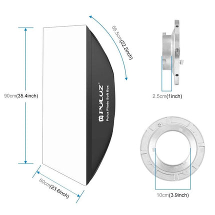 PULUZ 60x90cm Rectangle Softbox for Speedlite Photography showing dimensions and mount details