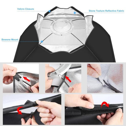 PULUZ 60x90cm Rectangle Softbox for Speedlite Photography showing Bowens mount, reflective fabric, Velcro closure and assembly steps