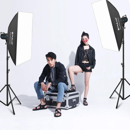 PULUZ 60x90cm Rectangle Softbox for Speedlite Photography lighting setup with two softboxes illuminating portrait models in studio