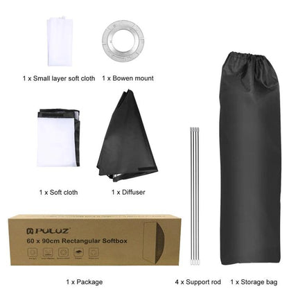 PULUZ 60x90cm Rectangle Softbox for Speedlite Photography with Bowen mount, diffuser, support rods and storage bag