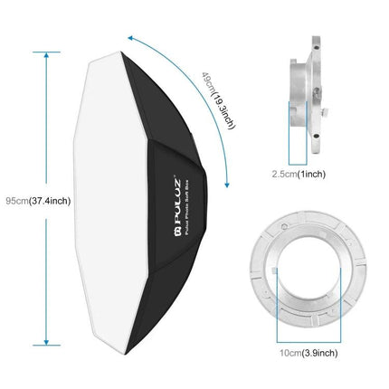 PULUZ 95cm Octagonal Parabolic Softbox for Photography Flash showing dimensions and mount adapter for studio lighting