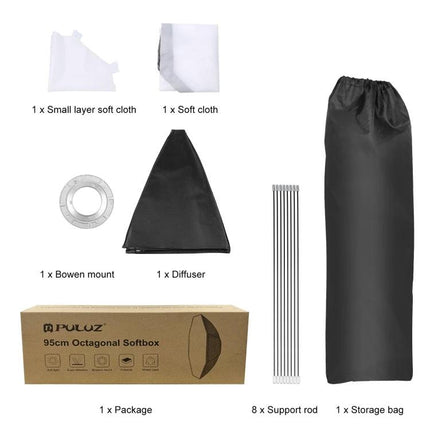 PULUZ 95cm Octagonal Parabolic Softbox for Photography Flash with diffuser, Bowen mount, 8 support rods and storage bag