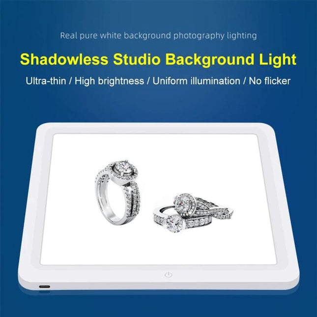 PULUZ 30cm LED Shadowless Light Pad for Product Photography showing jewelry on a pure white background for shadowless studio lighting