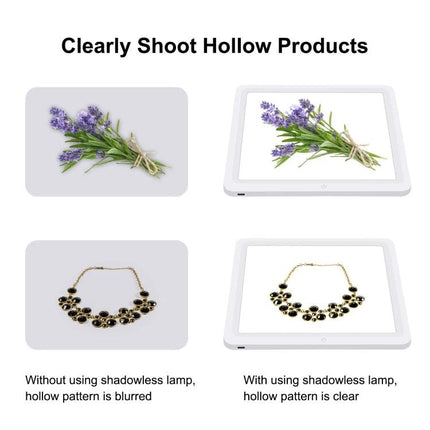 PULUZ 30cm LED Shadowless Light Pad for Product Photography showing clear hollow product shots of lavender and necklace