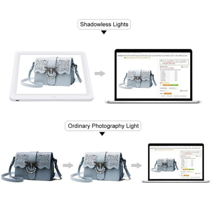 PULUZ 30cm LED Shadowless Light Pad for Product Photography showing handbag clear shadowless vs ordinary lighting
