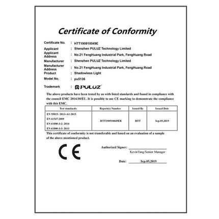 PULUZ 20cm Shadowless Light Pad for Product Photography certificate of conformity CE compliance document