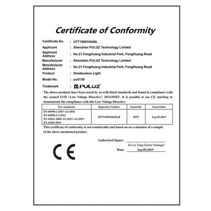 PULUZ 20cm Shadowless Light Pad for Product Photography certificate image showing CE conformity and product details