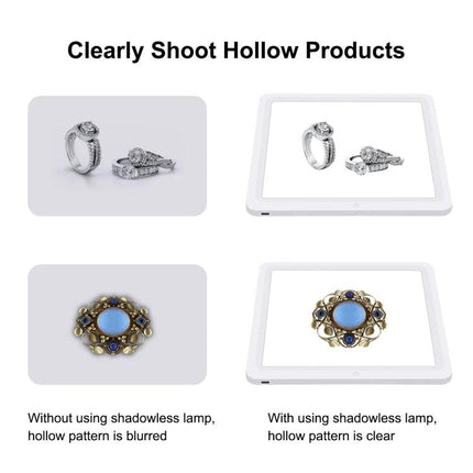 PULUZ 20cm Shadowless Light Pad for Product Photography showing clear jewelry photos with even illumination and reduced shadows