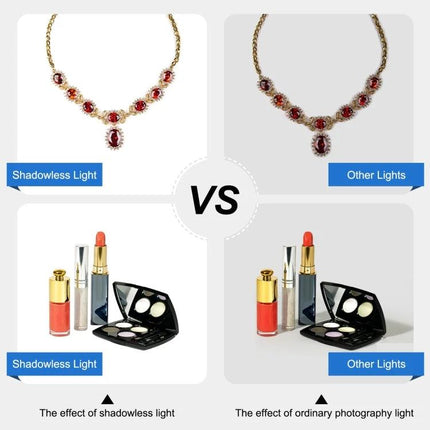 PULUZ 20cm Shadowless Light Pad for Product Photography - comparison showing jewelry and cosmetics with shadowless vs ordinary lighting
