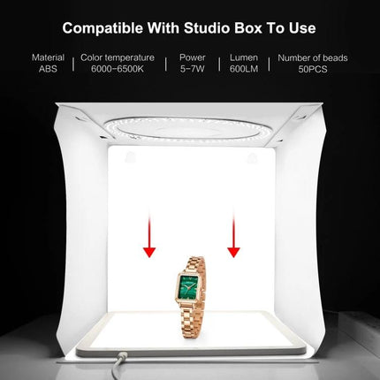 PULUZ 20cm Shadowless Light Pad for Product Photography showing a watch in a small studio box with even top lighting and white backdrop