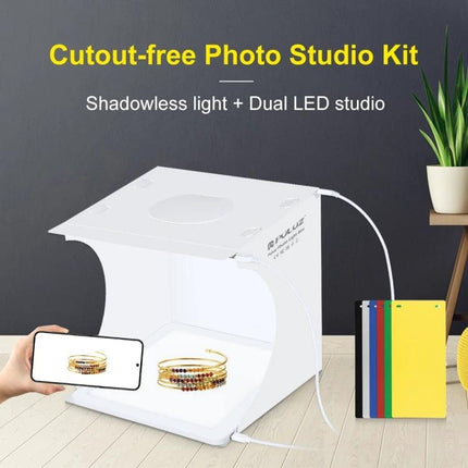 PULUZ Mini LED Light Box for Small Product Photography white foldable cutout-free studio kit showing jewelry and colored backdrops