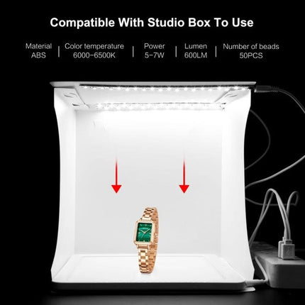PULUZ Mini LED Light Box for Small Product Photography showing a watch in a compact studio box with overhead LEDs