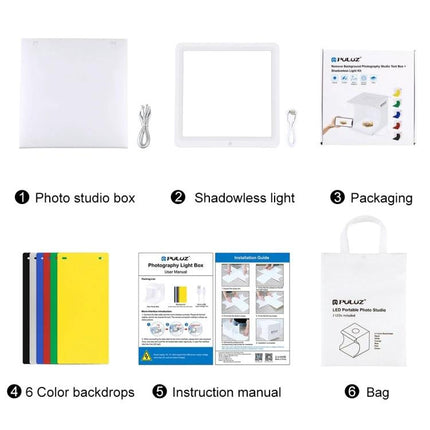 PULUZ Mini LED Light Box for Small Product Photography showing photo studio box, shadowless light, backdrops, manual and bag
