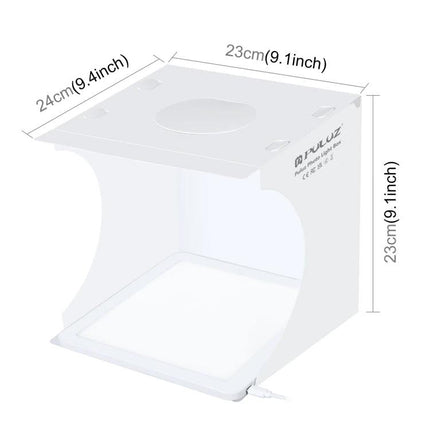 PULUZ Mini LED Light Box for Small Product Photography portable white foldable studio with dimensions and LED panel