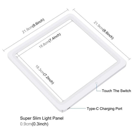 PULUZ Mini LED Light Box for Small Product Photography showing super slim square light panel with dimensions, touch switch and Type-C port