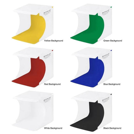 PULUZ Mini LED Light Box for Small Product Photography showing six background colors (yellow, green, red, blue, white, black) in compact foldable setups