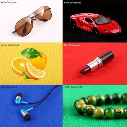 PULUZ Mini LED Light Box for Small Product Photography showing sunglasses, toy car, orange, lipstick, earphones and beads on white, black, yellow, red, blue, green backdrops