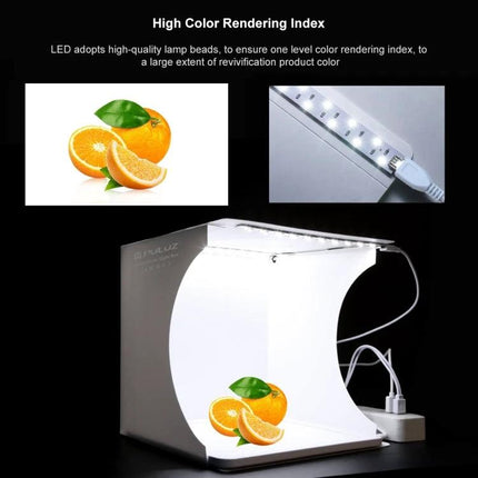 PULUZ Mini LED Light Box for Small Product Photography - compact foldable LED lightbox showing high CRI lighting with oranges and USB power