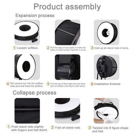 PULUZ 45cm Round Softbox Diffuser for Even Portrait Lighting product assembly and installation guide showing steps for studio and outdoor use