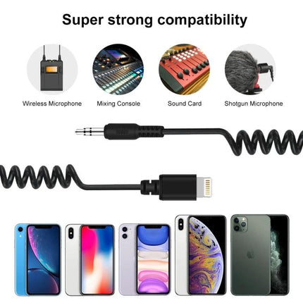 PULUZ Cable for iPhone Microphone Connections in Daily Recordings - coiled 3.5mm to Lightning cable showing compatibility with iPhones and microphones