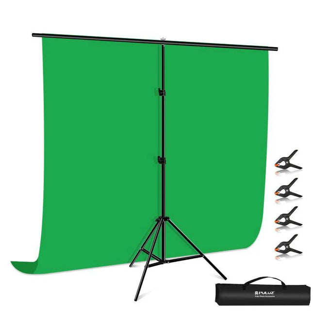 PULUZ 2x2m T-Shape Background Support Stand for Photography with green backdrop, adjustable aluminum frame, clamps and carrying bag