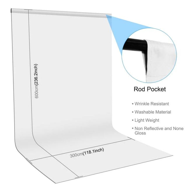 PULUZ 3m x 6m Polyester Photography Studio Backdrop Cloth flat white wrinkle-resistant backdrop with rod pocket for portraits product video