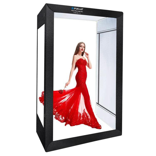 PULUZ 2m Photo Light Studio Box Kit for Portraits and Clothing showing model in red gown with even LED-lit background