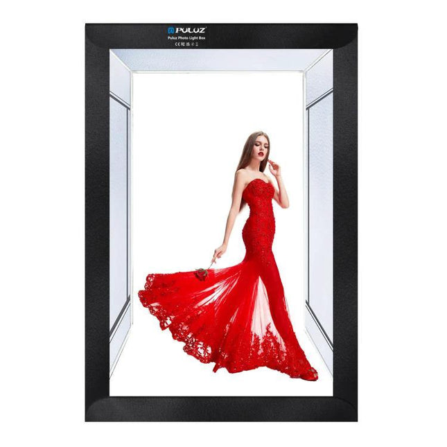 PULUZ 2m Photo Light Studio Box Kit for Portraits and Clothing showing model in red dress inside foldable LED-lit studio box for clothing photography