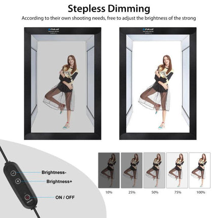 PULUZ 2m Photo Light Studio Box Kit for Portraits and Clothing showing stepless dimming options and LED control for even lighting