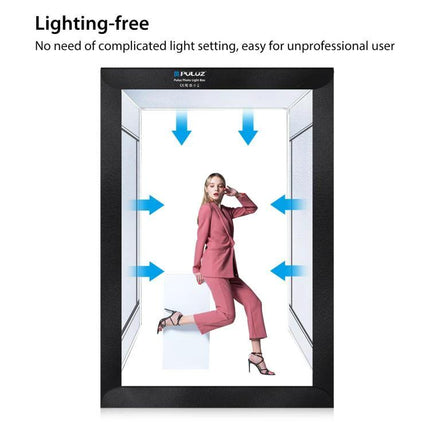 PULUZ 2m Photo Light Studio Box Kit for Portraits and Clothing showing model in pink suit inside foldable LED-lit studio box for even, shadow-free portraits