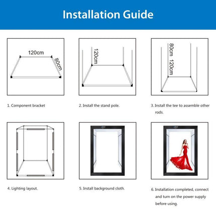 PULUZ 2m Photo Light Studio Box Kit for Portraits and Clothing installation guide diagram showing assembly steps and lighting layout