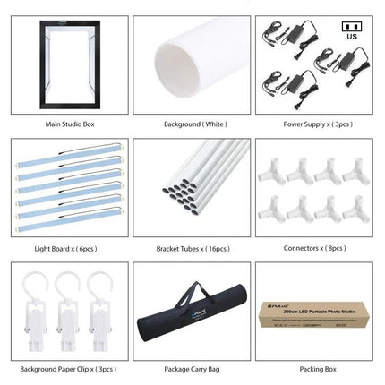 PULUZ 2m Photo Light Studio Box Kit for Portraits and Clothing - foldable studio box with LED lights, backgrounds, power supplies, brackets and carry bag
