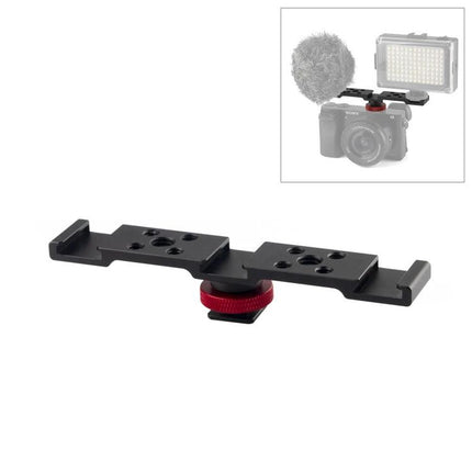 PULUZ Three-Head Cold Shoe Bracket for Camera Accessories mounted on camera with LED light and microphone, aluminum three cold shoe mounts