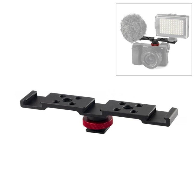 PULUZ Three-Head Cold Shoe Bracket for Camera Accessories mounted on camera with LED light and microphone, aluminum three cold shoe mounts
