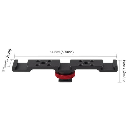 PULUZ Three-Head Cold Shoe Bracket for Camera Accessories - aluminum dual-mount bracket with red locking knob and measurements