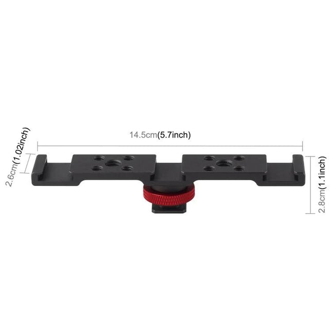 PULUZ Three-Head Cold Shoe Bracket for Camera Accessories - aluminum dual-mount bracket with red locking knob and measurements