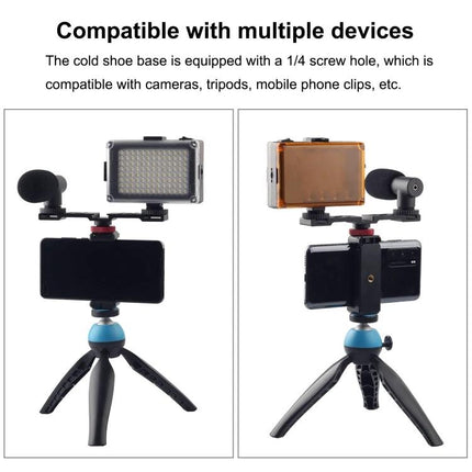 PULUZ Three-Head Cold Shoe Bracket for Camera Accessories mounted on smartphone with LED light and microphone on tabletop tripod