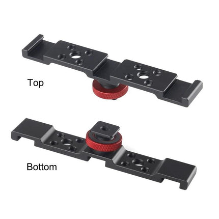 PULUZ Three-Head Cold Shoe Bracket for Camera Accessories mounted with LED lights and microphone on a camera rig
