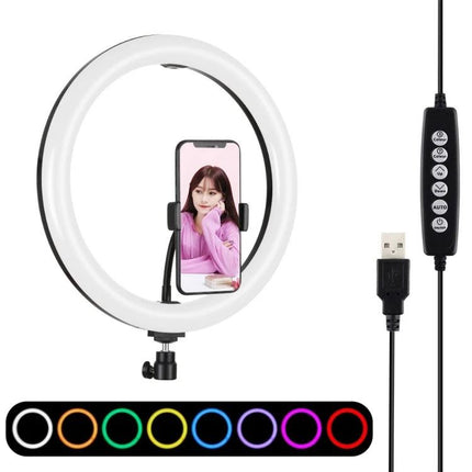 PULUZ Ring Light for Everyday Video and Photo Sessions - white LED ring with phone holder, USB control and multicolor modes