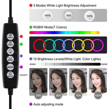 PULUZ Ring Light for Everyday Video and Photo Sessions showing remote control, RGBW colors, 10 brightness levels and mode examples