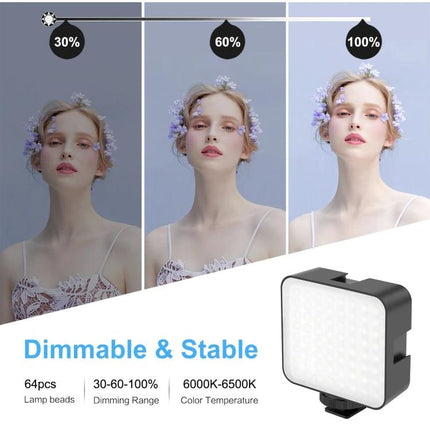 PULUZ Portable LED Fill Light for Camera Video Shooting showing dimmable 30%-100% natural white 6000-6500K 64-LED panel for portrait lighting