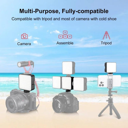 PULUZ Portable LED Fill Light for Camera Video Shooting mounted on cameras and tripod showing compact multi-purpose setup