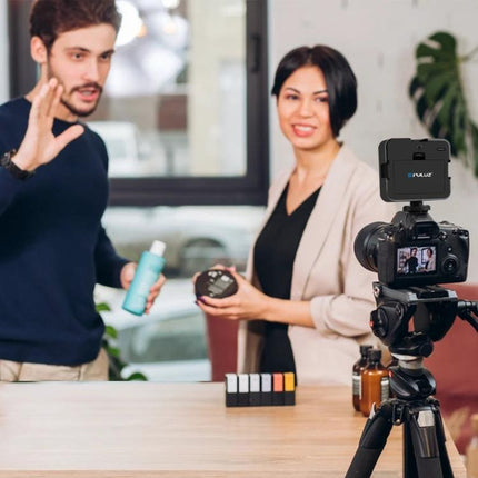 PULUZ Portable LED Fill Light for Camera Video Shooting mounted on camera lighting two presenters demoing skincare products