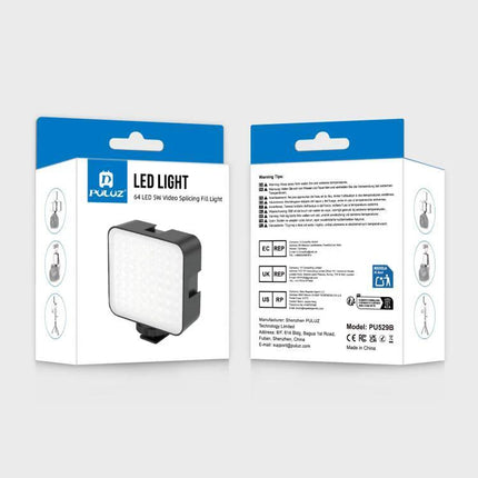 PULUZ Portable LED Fill Light for Camera Video Shooting box packaging showing 64-LED compact fill light and product specifications