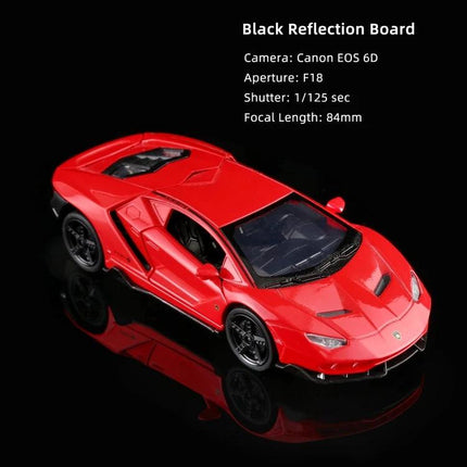 PULUZ 20cm Acrylic Reflective Photography Display Board showing red toy car with clear reflection on black background