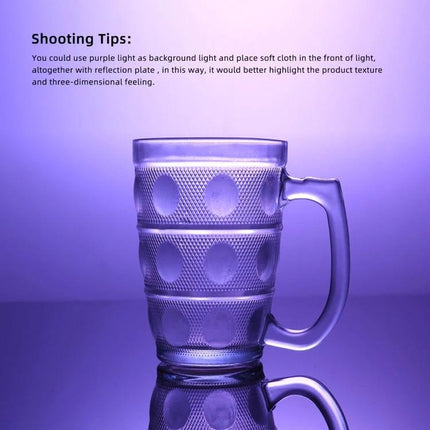 PULUZ 29cm Acrylic Reflective Photography Display Board showing a purple-lit glass mug with clear reflection and textured detail