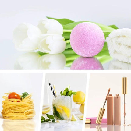 PULUZ 29cm Acrylic Reflective Photography Display Board showing reflective product shots with bath bomb, tulips, pasta, drink and cosmetics
