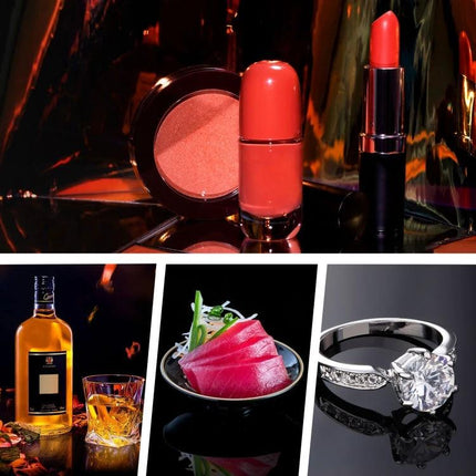 PULUZ 39cm Acrylic Reflective Board for Photography Displays showing lipstick, blush, whiskey, sushi, and diamond ring reflections