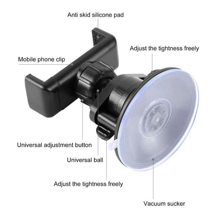 PULUZ Suction Cup Phone Mount for Car Windshields and Dashboards - black suction cup mount with adjustable mobile phone clip and anti-skid silicone pad