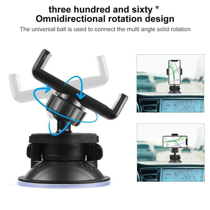 PULUZ Suction Cup Phone Mount for Car Windshields and Dashboards showing 360° omnidirectional rotation on windshield and dashboard